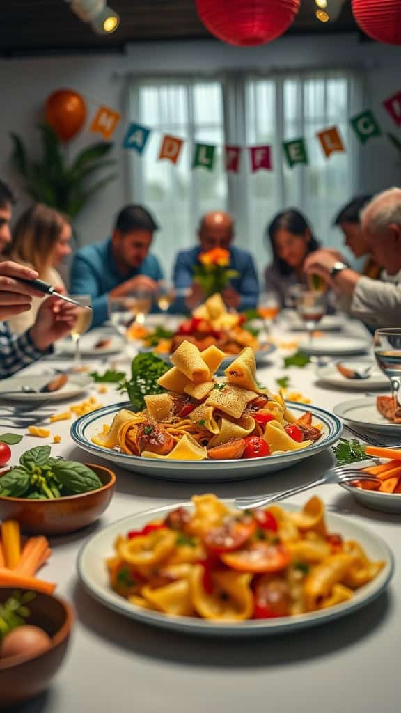 Guests engaged in a dinner party, enjoying pasta dishes and each other's company.