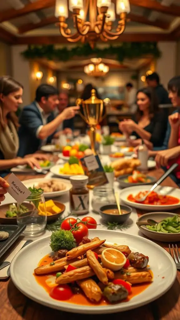 A dinner table with various dishes, guests enjoying food, and a trophy symbolizing a recipe contest.