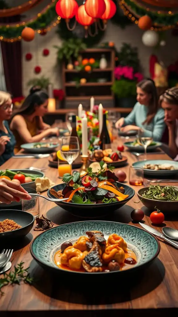 A beautifully set dinner table with dishes and engaged guests enjoying a meal.