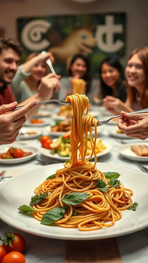 Group of friends enjoying a spaghetti relay race at a dinner party, with a large plate of pasta in the center.