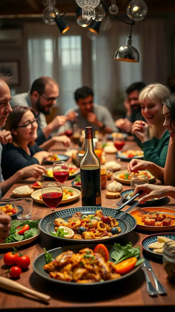 A warm dinner gathering with friends around a table filled with diverse dishes and drinks.