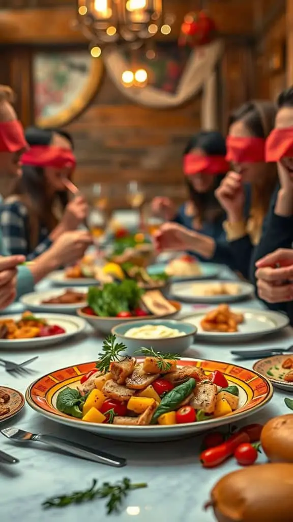 A group of friends at a dinner party, blindfolded and participating in a taste test game.