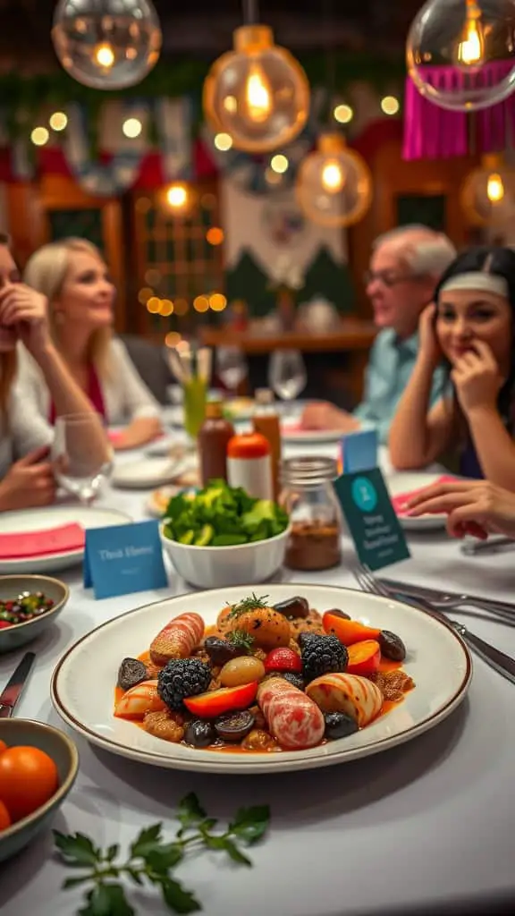 A beautifully set dinner table with a colorful dish in the center and guests enjoying the meal.