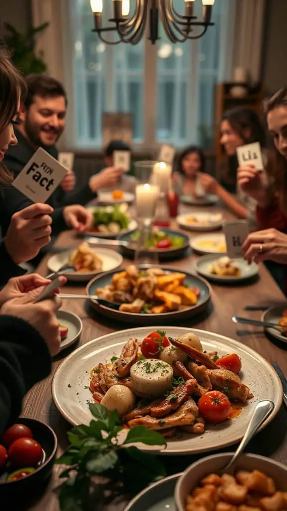 Guests playing Two Truths and a Lie game during a dinner party, enjoying food and sharing fun facts.