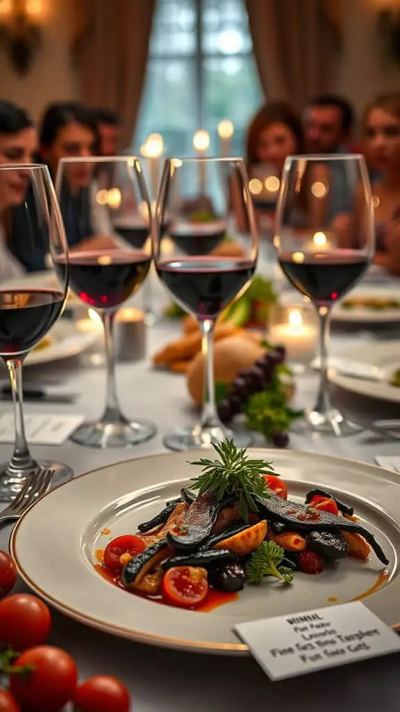 A beautifully set dinner table with red wine glasses and a gourmet dish, ready for a wine tasting quiz.