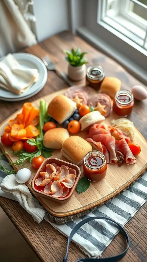 A DIY sandwich board featuring mini rolls, assorted deli meats, cheeses, and condiments, perfect for Easter brunch.