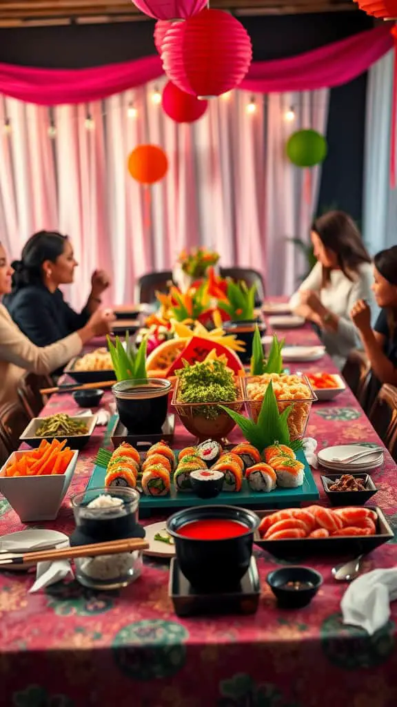 A colorful DIY sushi night setup with a variety of sushi ingredients on a vibrant table.