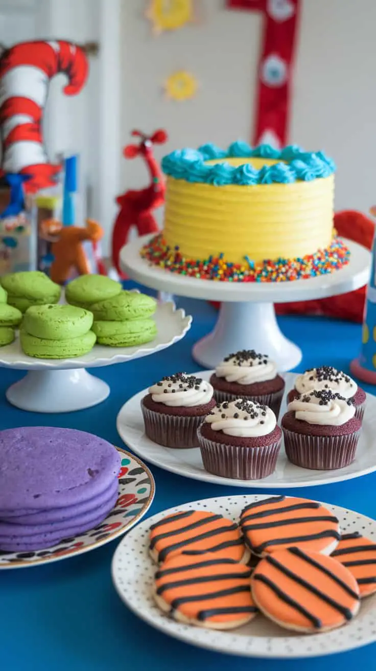 A vibrant display of Dr. Seuss inspired snacks including a yellow cake, green macarons, red velvet cupcakes, purple cookies, and orange striped cookies.