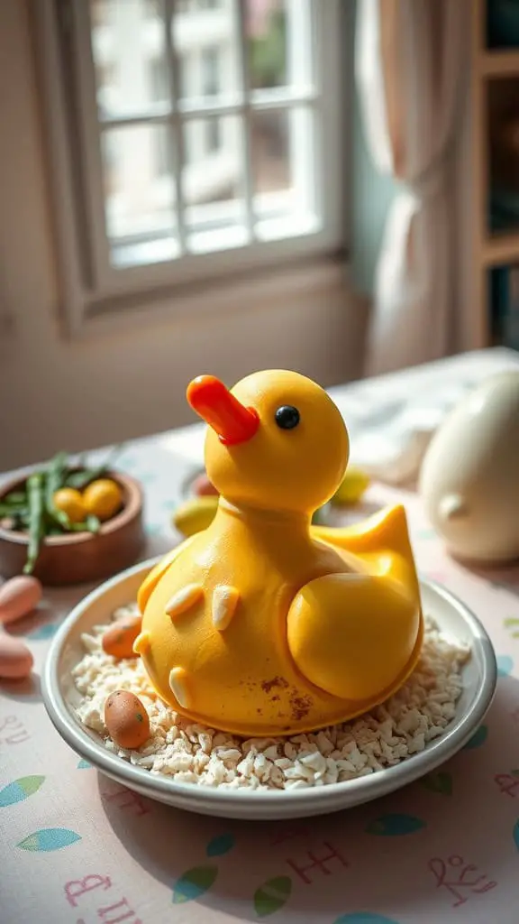 Duck-shaped cookie cake decorated with yellow frosting and an orange candy beak