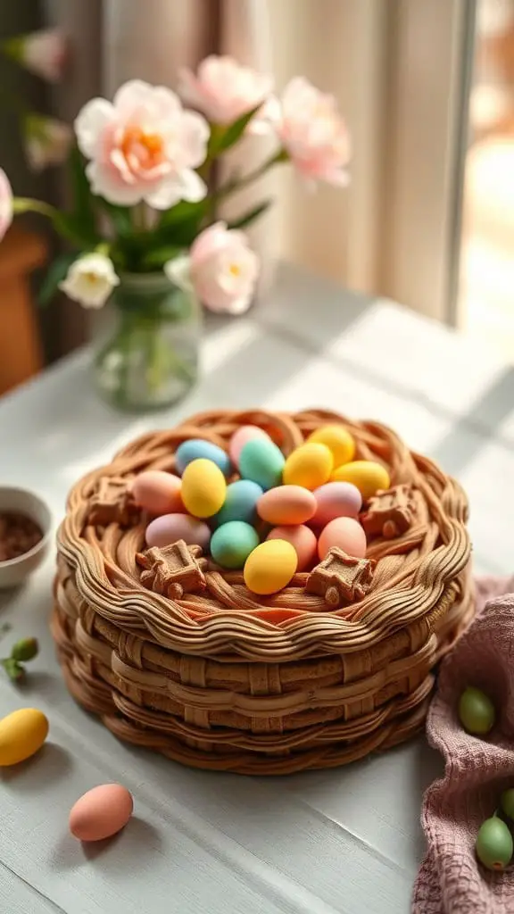 Easter Basket Cookie Cake with candy eggs and brown icing