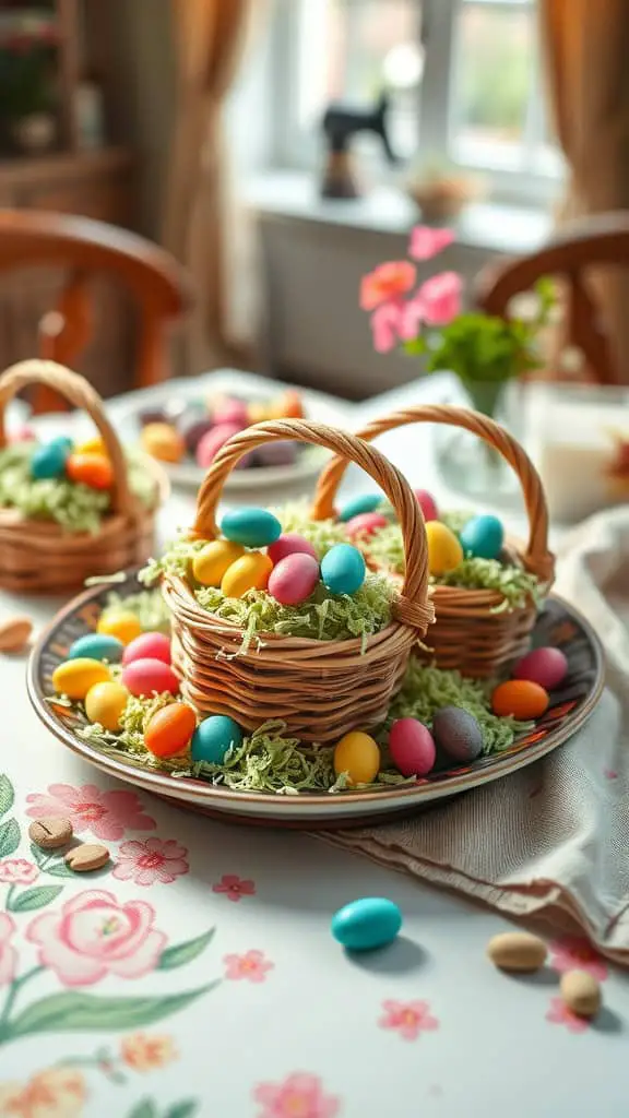 Colorful Easter Basket Cookies decorated with green coconut and jelly beans.