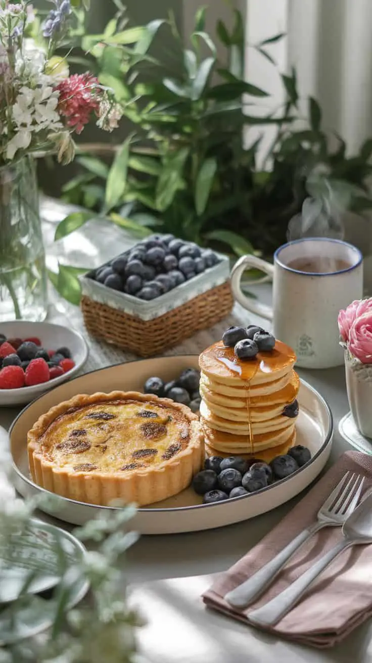 A beautiful Easter brunch setup with pancakes stacked with blueberries, a tasty tart, fresh fruits, and a cup of coffee.