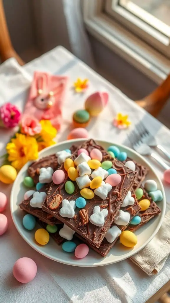 Easter Bunny Bark with dark chocolate, mini marshmallows, and colorful bunny candies