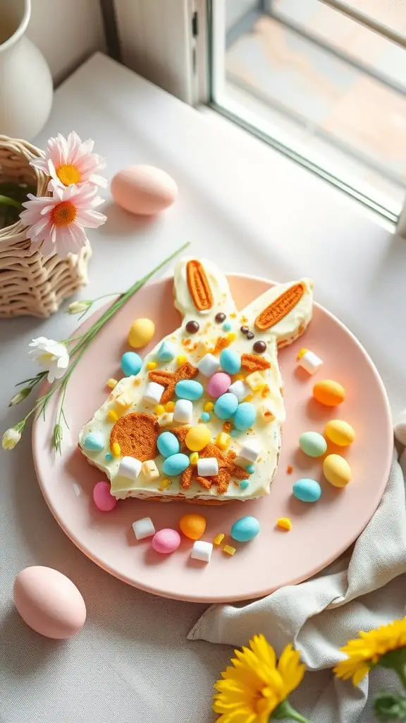 Colorful Easter Bunny Bark with white chocolate, cookies, and marshmallows on a pink plate