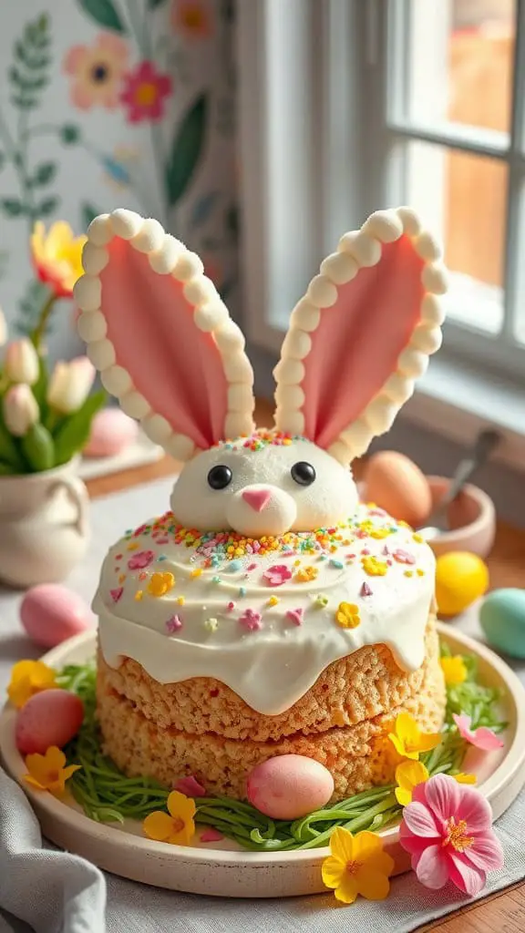 A whimsical Easter Bunny Cake decorated with frosting, marshmallow ears, and colorful sprinkles.