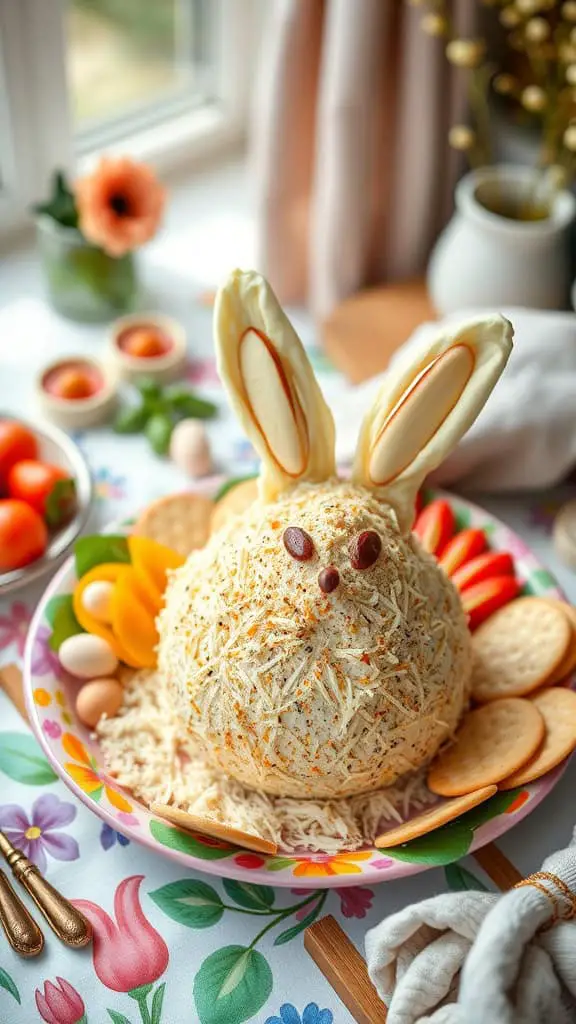 A festive Easter Bunny Cheese Ball shaped like a bunny, decorated with almond ears and chocolate eyes.