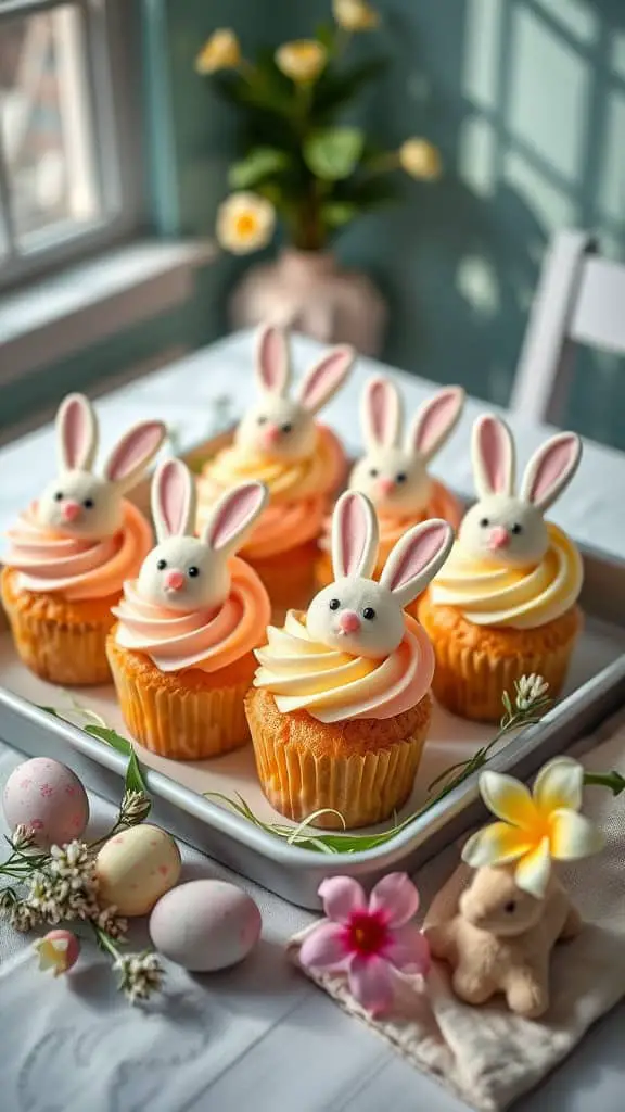 Easter Bunny Cupcakes with colorful frosting and bunny toppers