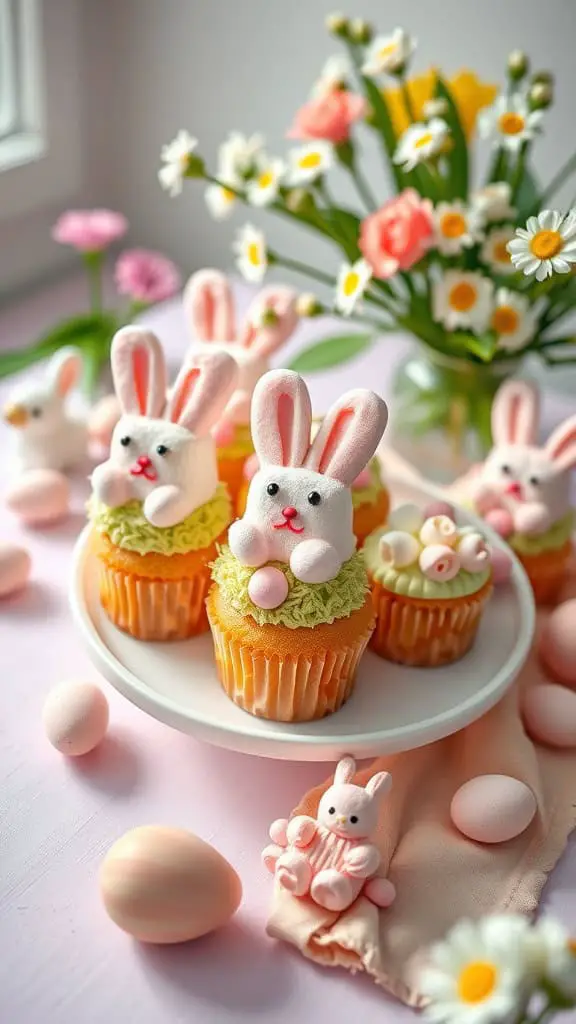 Easter Bunny Cupcakes decorated with marshmallows and pink sanding sugar