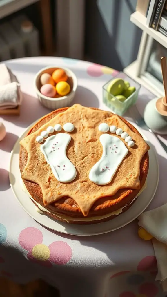 A round cookie cake decorated with white icing bunny footprints and pink sprinkle toes.