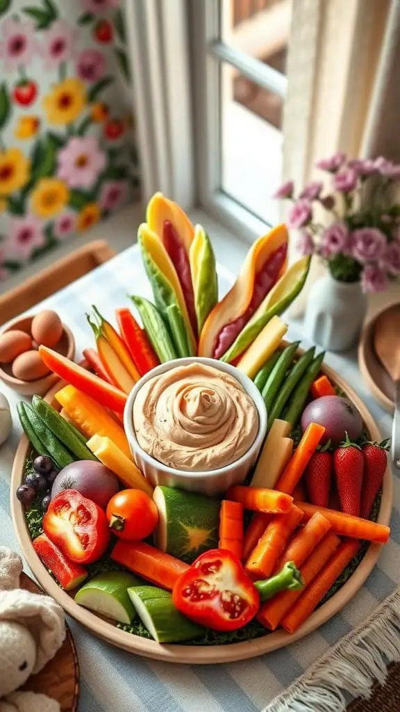 A vibrant veggie tray shaped like a bunny with assorted vegetables and hummus.