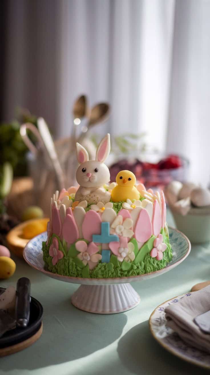 A colorful Easter cake decorated with a bunny and chick, surrounded by flowers and greenery.