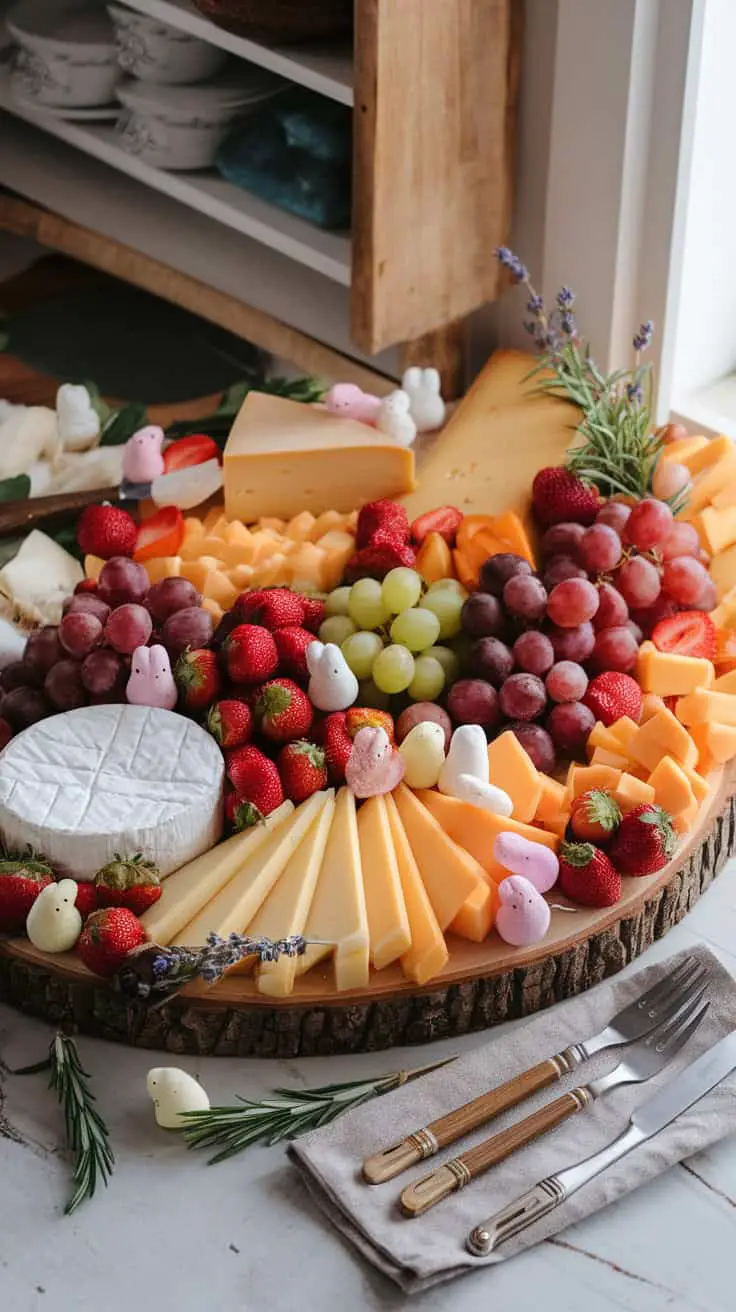 A colorful Easter charcuterie board with cheeses, fruits, and marshmallow chicks.