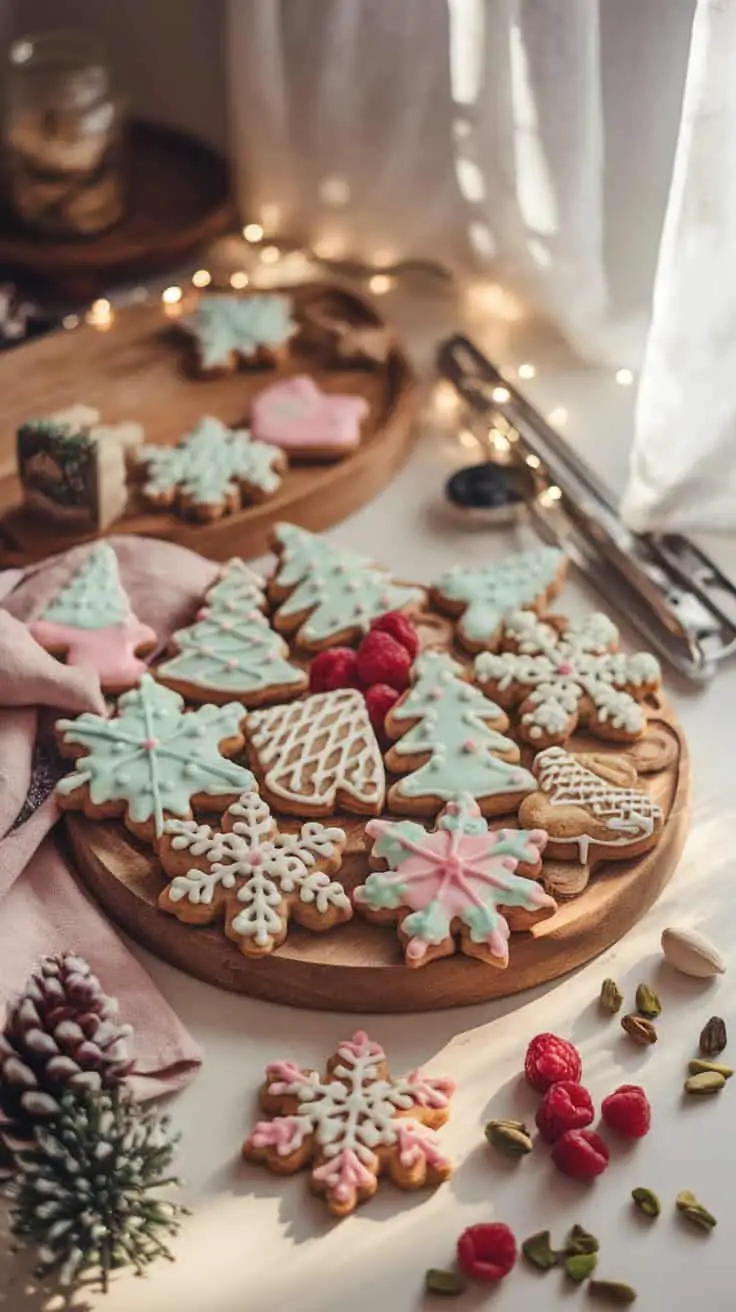 A colorful display of decorated Easter cookies on a wooden platter, featuring various shapes and pastel colors.