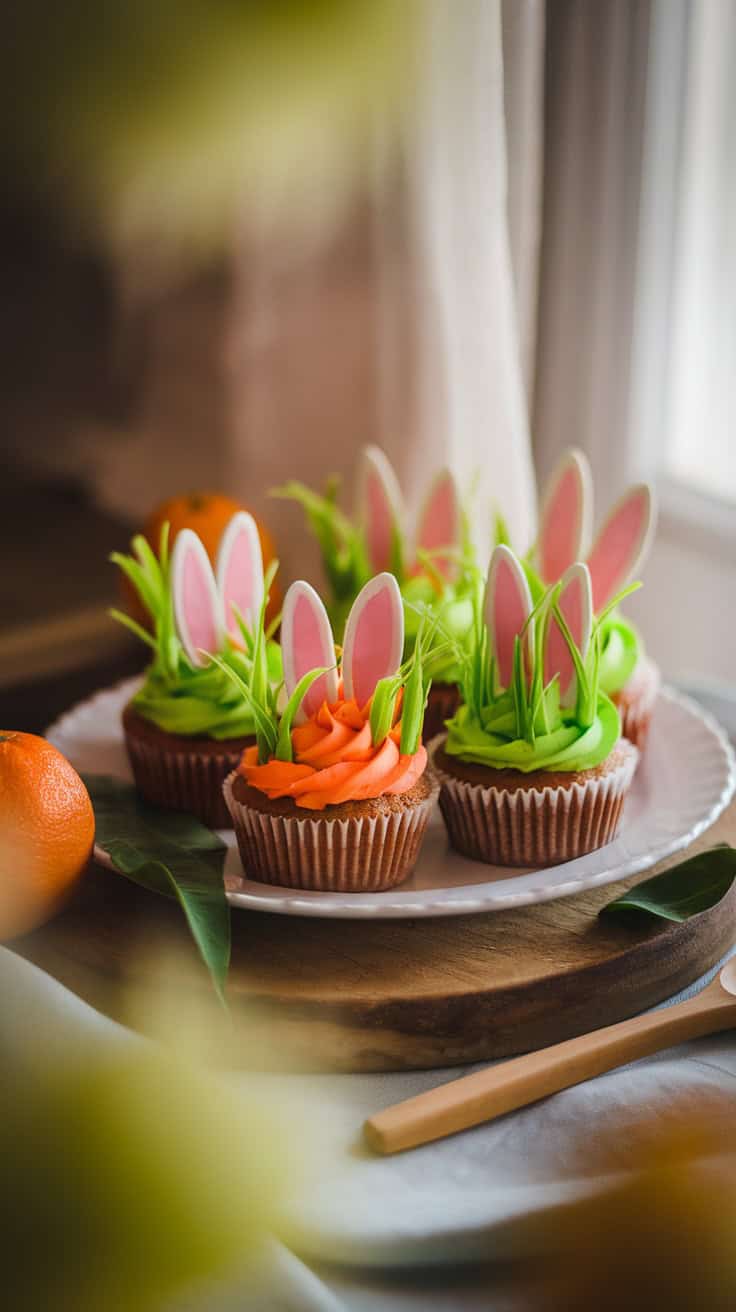 Decorated Easter cupcakes with bunny ears and green frosting