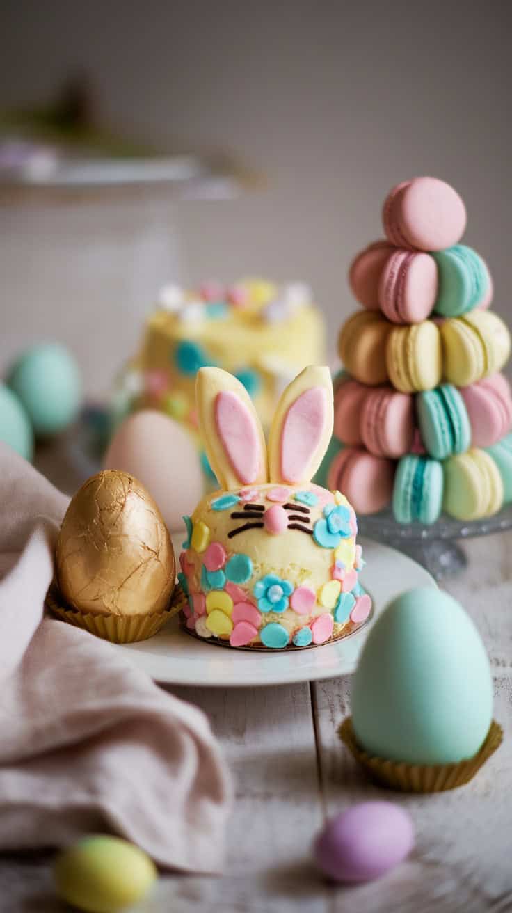 A colorful display of Easter desserts, including a bunny-shaped cake, macarons, and chocolate eggs.