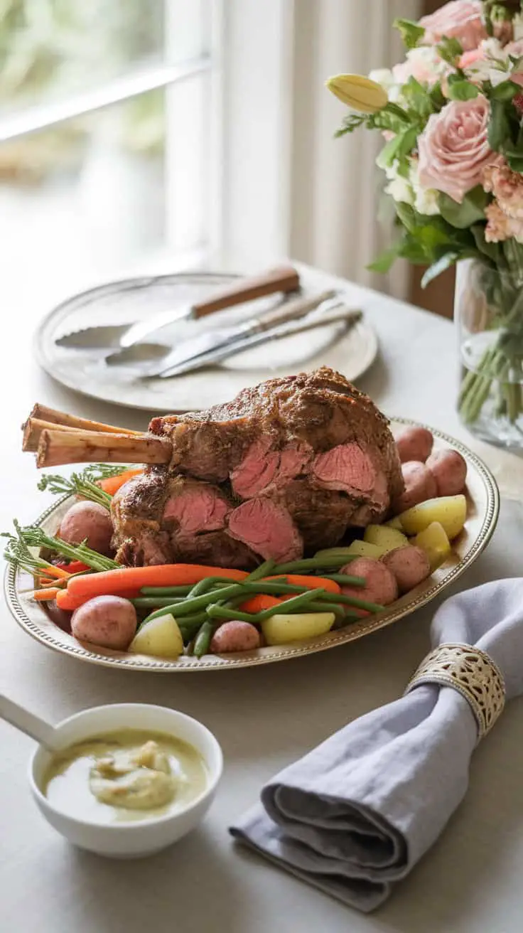 A beautifully roasted leg of lamb on a platter with vegetables, accompanied by a creamy sauce.