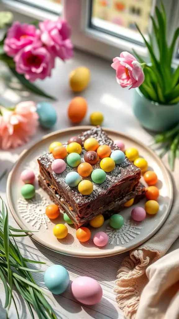 A plate of brownies topped with pastel M&Ms, perfect for Easter.