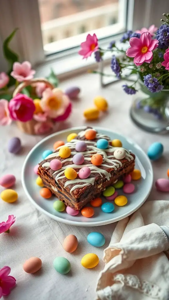 A plate of colorful Easter Egg Brownies topped with pastel M&M's and white chocolate drizzle.