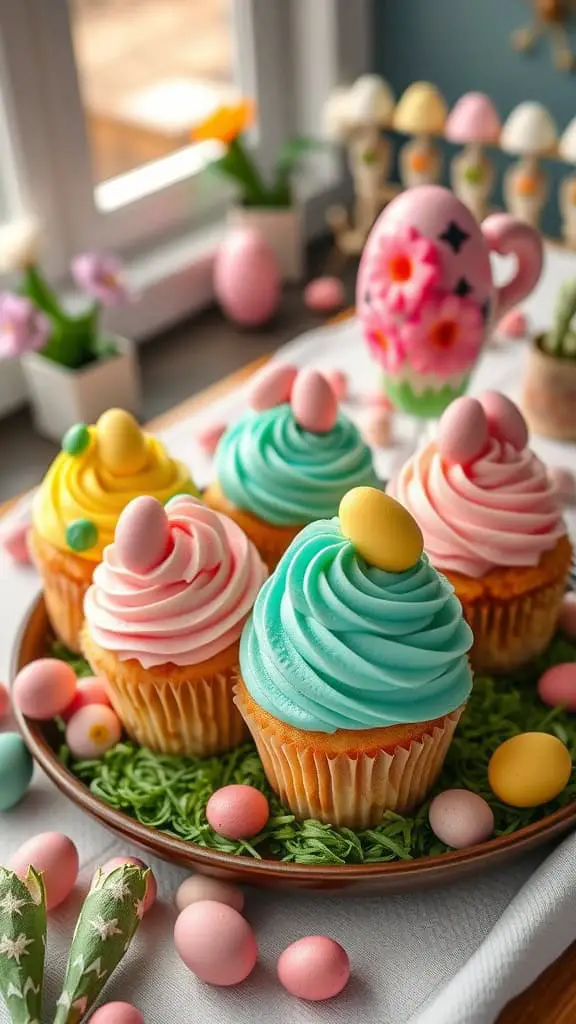 Colorful Easter egg cupcakes decorated with frosting and candy-coated chocolate eggs.