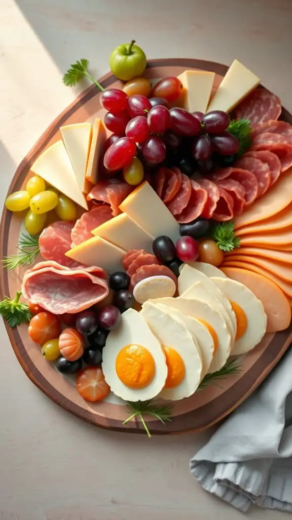 Easter charcuterie board with sliced cheeses, meats, and grapes arranged in a striped egg pattern