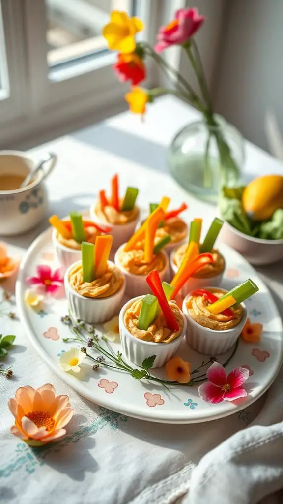 Colorful Easter Egg Hummus Cups with bell pepper strips and celery sticks