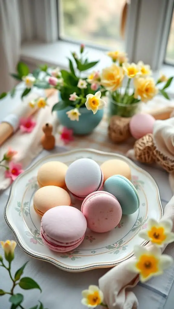 Colorful Easter egg macarons on a plate with flowers