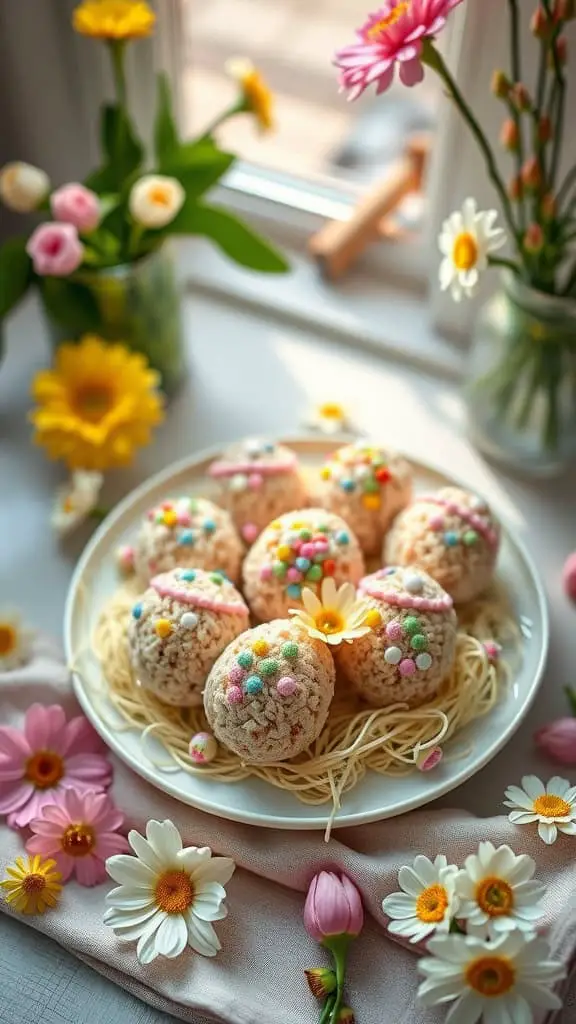 Easter Egg Rice Krispie Treats displayed on a plate with pastel sprinkles