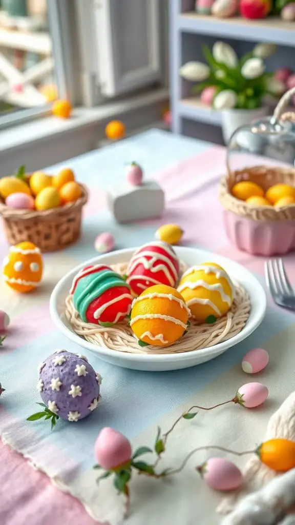 Colorful Easter Egg Strawberries decorated with icing on a plate.