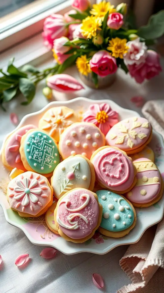 Colorful decorated sugar cookies shaped like Easter eggs