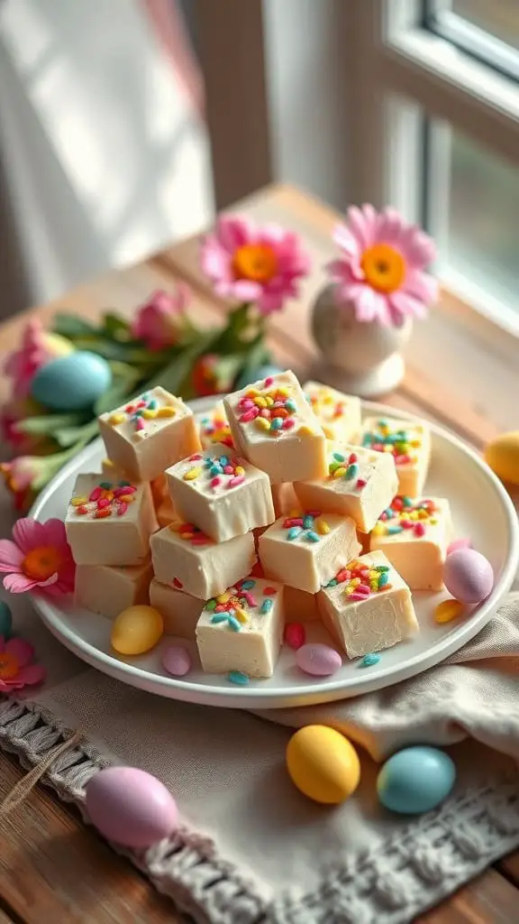 Delicious white chocolate fudge topped with colorful pastel sprinkles, perfect for Easter celebrations.