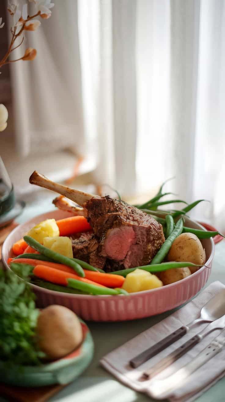 A beautifully plated Easter lunch featuring roasted lamb and colorful vegetables