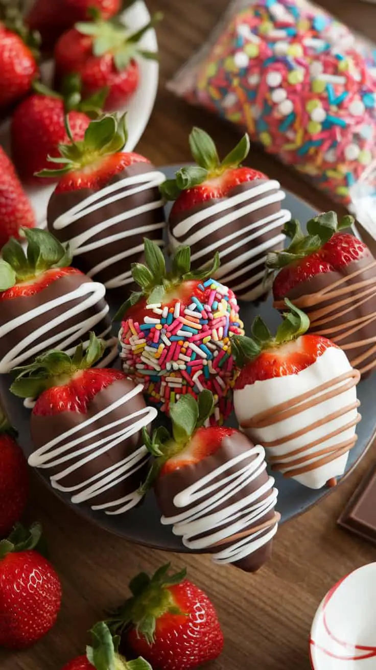 Deliciously decorated strawberries for Easter, featuring chocolate and colorful sprinkles.