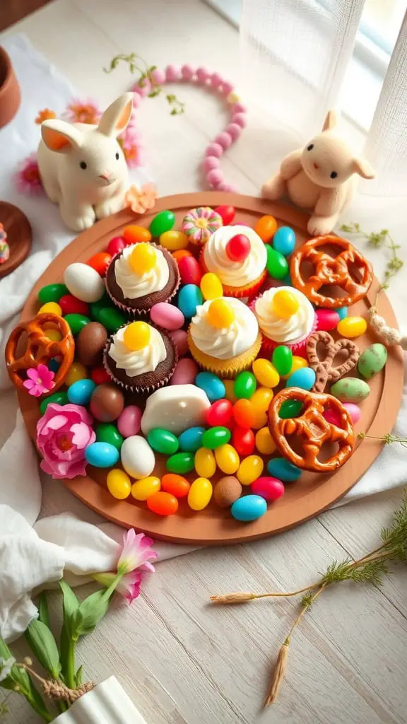 A festive Easter Treats Board featuring mini cupcakes, jellybeans, and chocolate-covered pretzels.