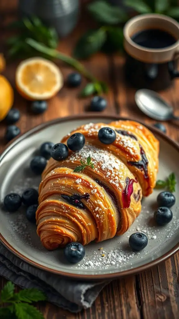 A plate of blueberry croissant breakfast bake with fresh blueberries and powdered sugar on top.