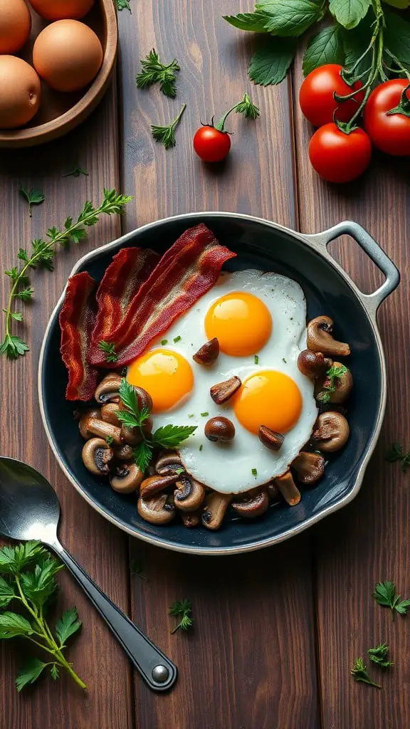 A breakfast skillet with bacon, mushrooms, and eggs