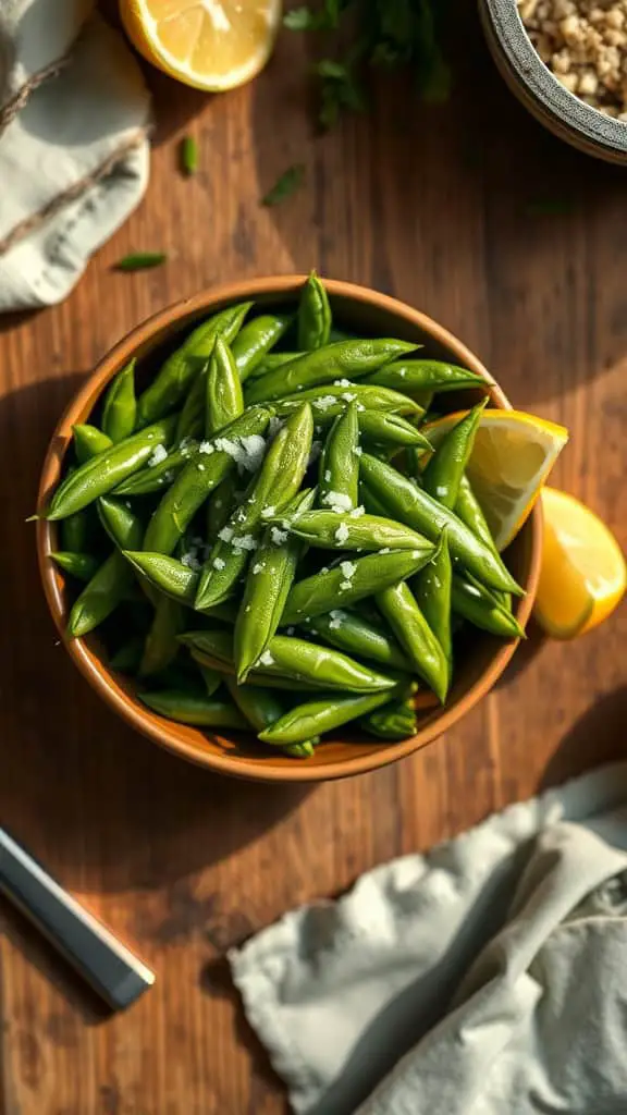 A bowl of steamed edamame sprinkled with sea salt, served with lemon wedges.