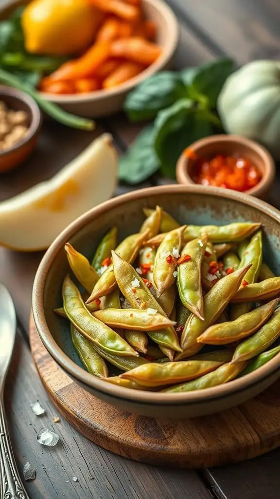 A bowl of shelled edamame garnished with sea salt and chili flakes.
