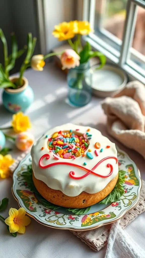 Egg-shaped cookie cake with pastel icing and sprinkles