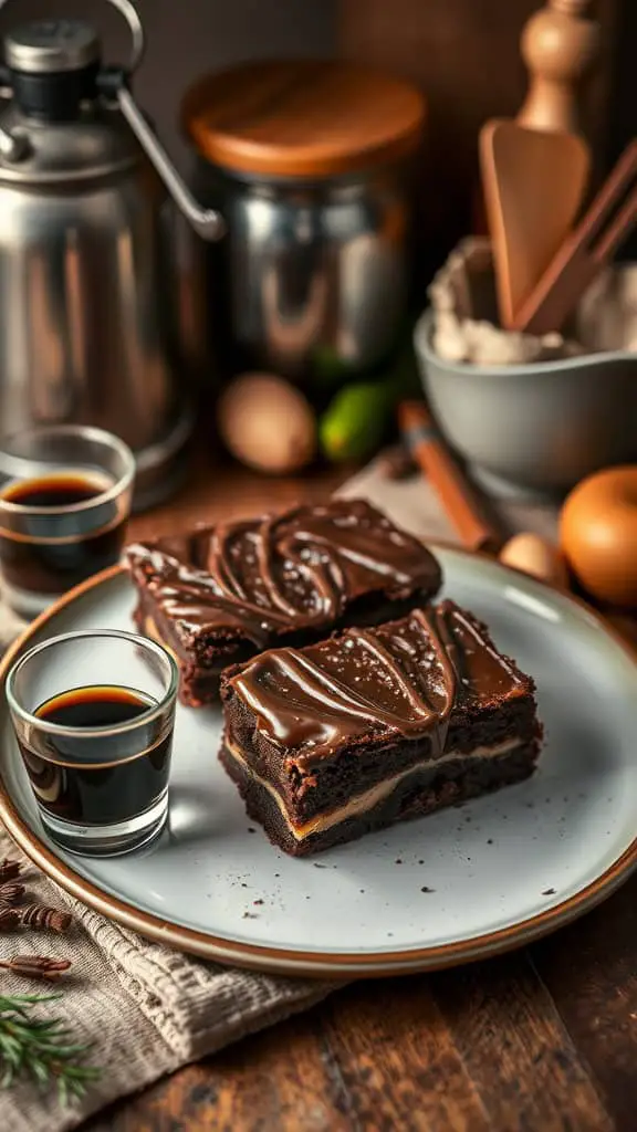 Espresso cream cheese brownies on a plate with a shot of espresso beside them