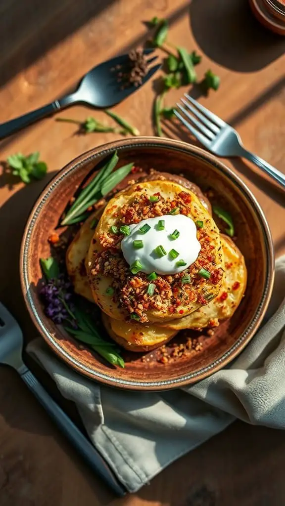 A delicious serving of Everything Bagel Crunch Smashed Potato Salad topped with Greek yogurt and chives, served in a rustic bowl.